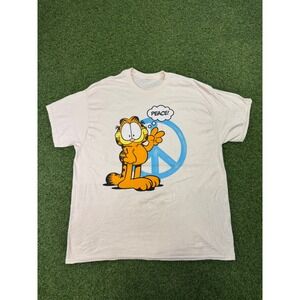 Garfield Peace Sign Graphic T-Shirt Mens XL Cream Off-White Short Sleeve Tee